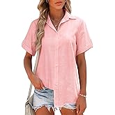 Hotouch Linen Button Down Shirt Women Roll-Up Cuffed Short Sleeve Blouses V Neck Collared Shirts Summer Beach Cotton Tops
