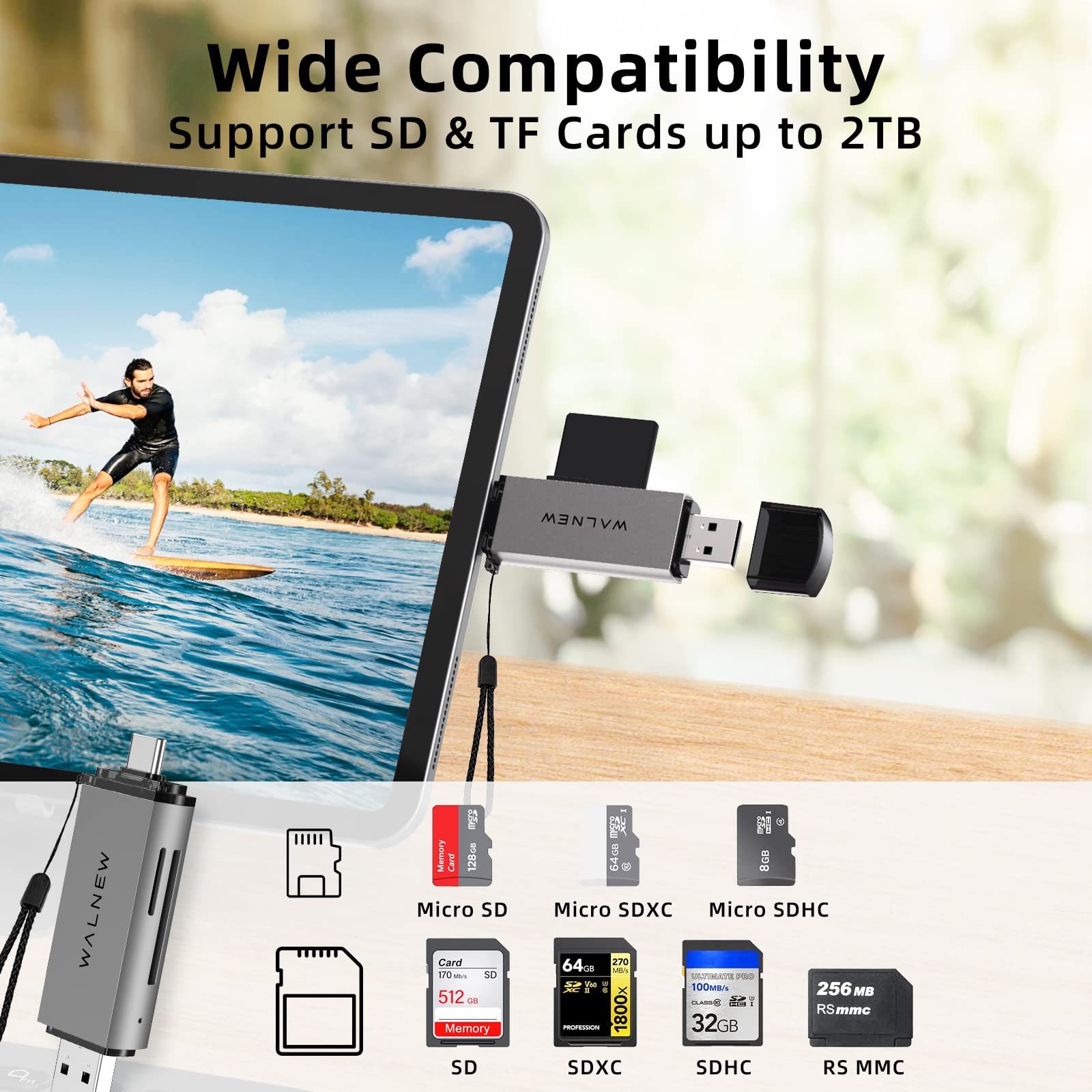 SD Card Reader, WALNEW USB 3.0 and USB-C to SD/TF Memory Card Adapter for Mac,MacBook,Computer/PC,Laptop,iPad 10,iPhone 15 Pro/Max,Samsung Galaxy Android Phone,Support UHS-I SDHC/SDXC/MicroSD