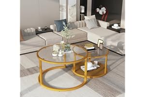 AWQM Glass Coffee Table for Living Room, Gold Nesting Coffee Table Set of 2, Contemporary Accent Coffee and Snack End Table, Golden Frame Round and Tempered Glass Side Table, 29"