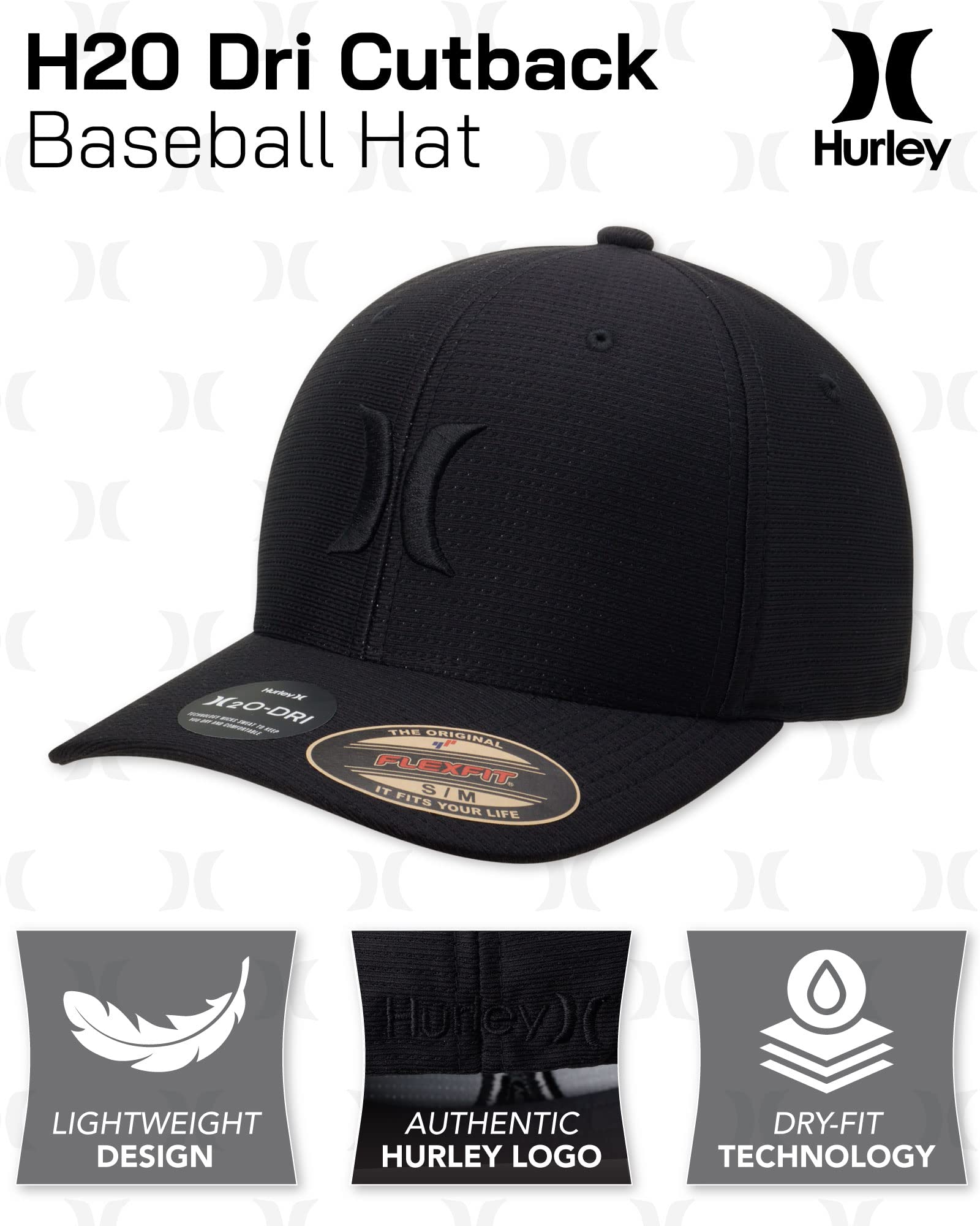 Hurley Men's Baseball Cap – Lightweight Curved Bill H2O Dri Fitted Caps for Men