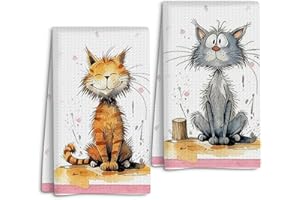 2 Pcs Cute Cat Smiling Petal Kitchen Towels, Orange and Gray Cat Prints Microfiber Absorbent Kitchen Hand Towel, Suitable for