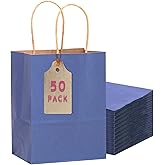 qiqee 50-Packs Kraft Deep Blue Paper Gift Bags with Handles Bulk 11"x8.3"x4.3" Medium Size Paper Bags Multiple Uses