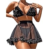 OYOANGLE Women's 3 Pieces Swimsuit Halter Triangle Bikini Swimsuit with Mesh Beach Skirt Cover Up