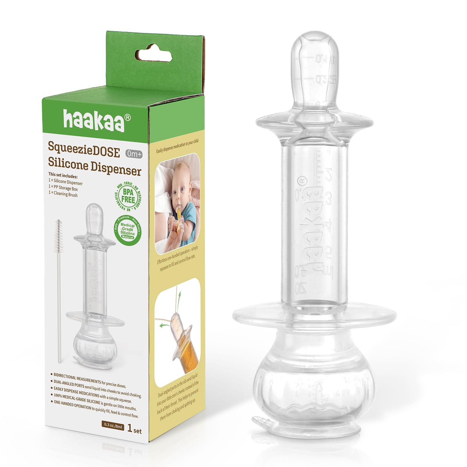 haakaa Baby Medicine Dispenser,Syringe for Liquid,Unique Silicone Ball Design, Dual-Angled Ports,One-Handed Operation,0 Months+