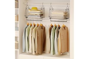 Yociyoga 2 Tier Closet Hanging Organizer with Rod, Foldable Hanging Closet Organizer, Hanging Closet Shelves with 4 Hooks,Wire Hanging Storage Basket Bins for Clothing Sweater Socks Bag Wardrobe Black