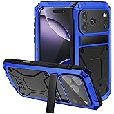 Metal Heavy Duty Phone Case Compatible with iPhone 17 Pro Max with Kickstand Built-in Gorilla Glass Lens Camera Protection Sturdy Military Durable Dustproof Aluminum Screws Cover For Men (Blue)
