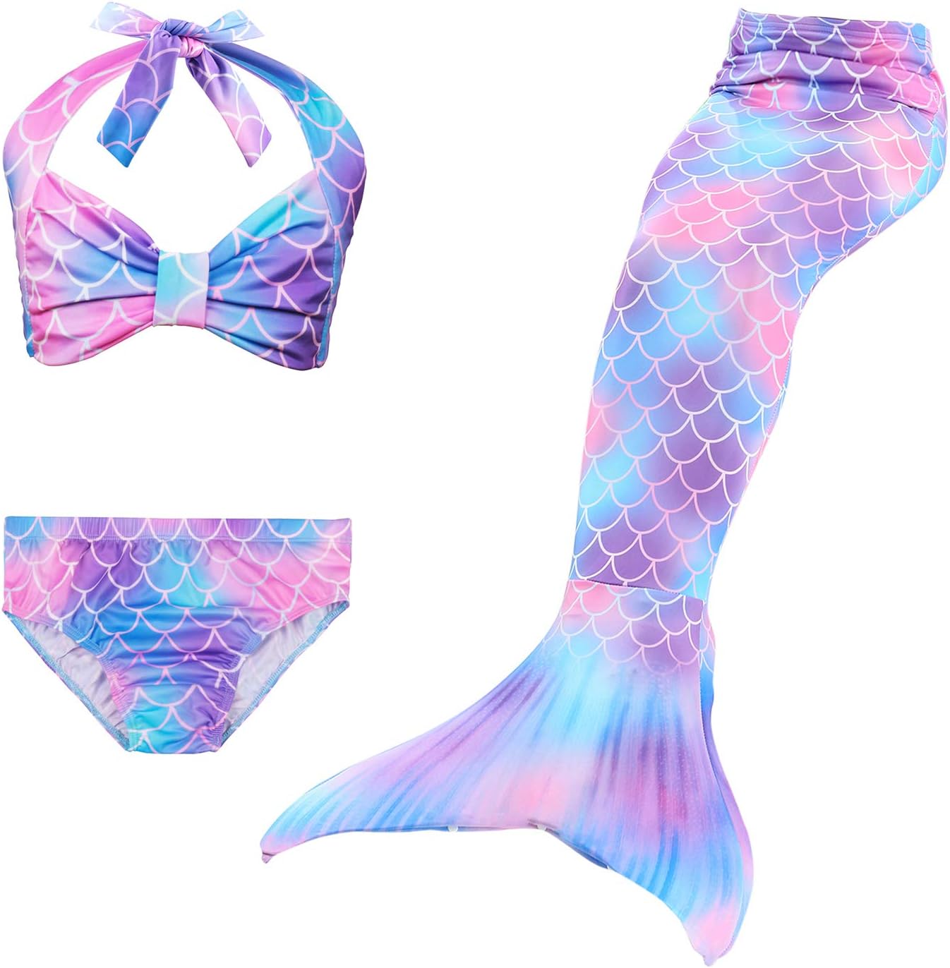 DecStore 3PCS Girls Swimsuit Mermaid Tail Swimwear Bikini Set Costume for Swimming(Blue+Light Pink 140)