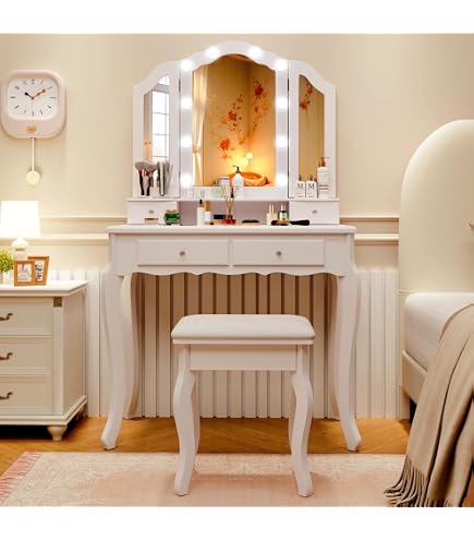 dressing table ivory White Victorian Wood Vanity Dressing Table with Drawers Mirrored Makeup  Vanity
