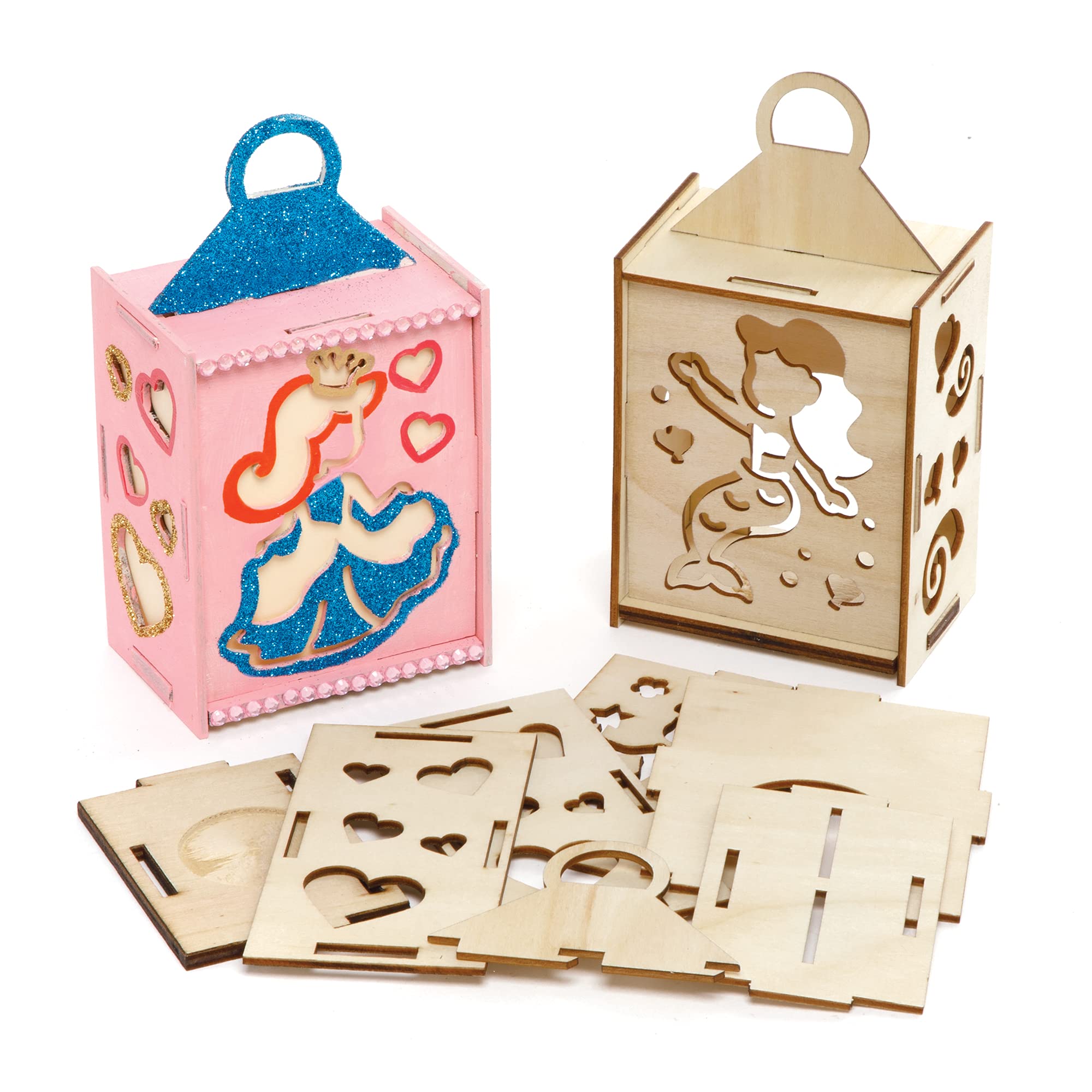 Baker Ross FE515 Fairy Tale Wooden Lantern Set - Pack of 4, Wooden Craft Set for Children, Creative Activities for Kids to Colour In, Decorate and Display
