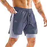 BROKIG Men's Dual-Layer Gym Shorts, Lightweight Quick Dry Running Bodybuilding 7'' Fitted Workout Short Lined-Zip Pocket