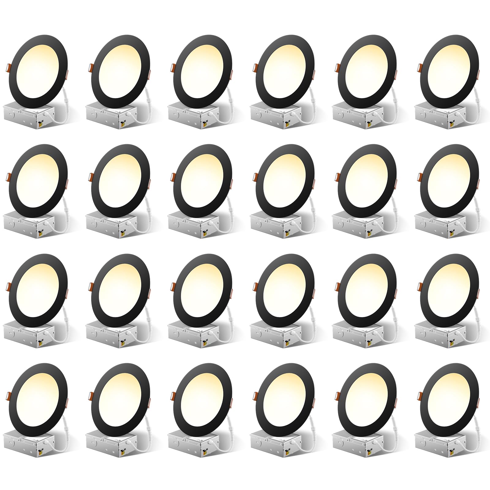 FREELICHT 24 Pack 6 Inch 5CCT Ultra-Thin LED Recessed Ceiling Light with Junction Box, 2700K-5000K Selectable, 1050LM Brightness, Dimmable Canless Wafer Downlight, 12WEqv110W-ETL&FCC,Black Image