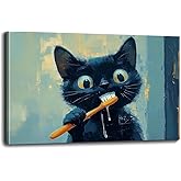 OLUNMILA Funny Cat Brushing Teeth Canvas Wall Art Black Cat Bathroom Decor Prints Poster Vintage Animal Painting Ready to Hang for Bathroom Restroom Laundry Room(ANI-03,12"x18")