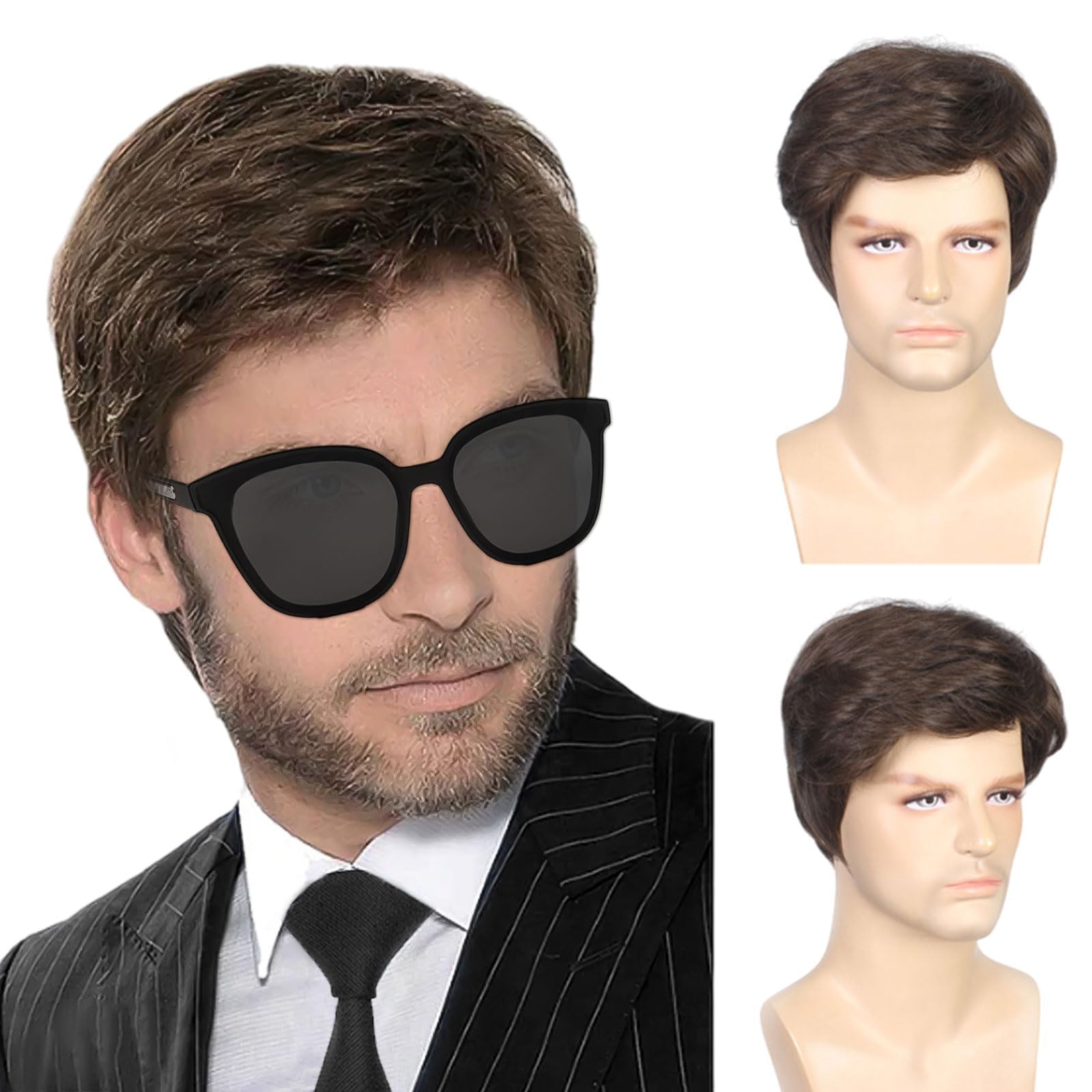TSHAOUN Mens Short Wig Brown Layered Natural Handsome Wavy Hair Wig 70s 80s Disco Short Curly Fluffy Cosplay, Men's Daily Use Costume Fancy Dress Rocking Dude Men's Costume (Brown)