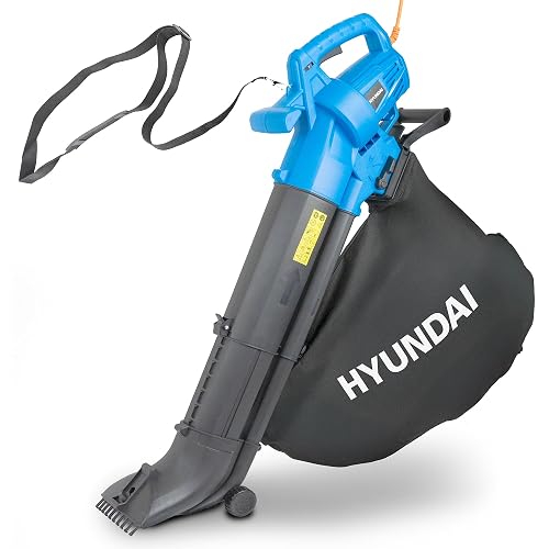Hyundai Leaf Blower, Garden Vacuum & Mulcher with Large 45 Litre Collection Bag, 12m Cable, 62-170mph Variable Airspeed, Reaches Whole Garden & 3 Year Warranty, Blue