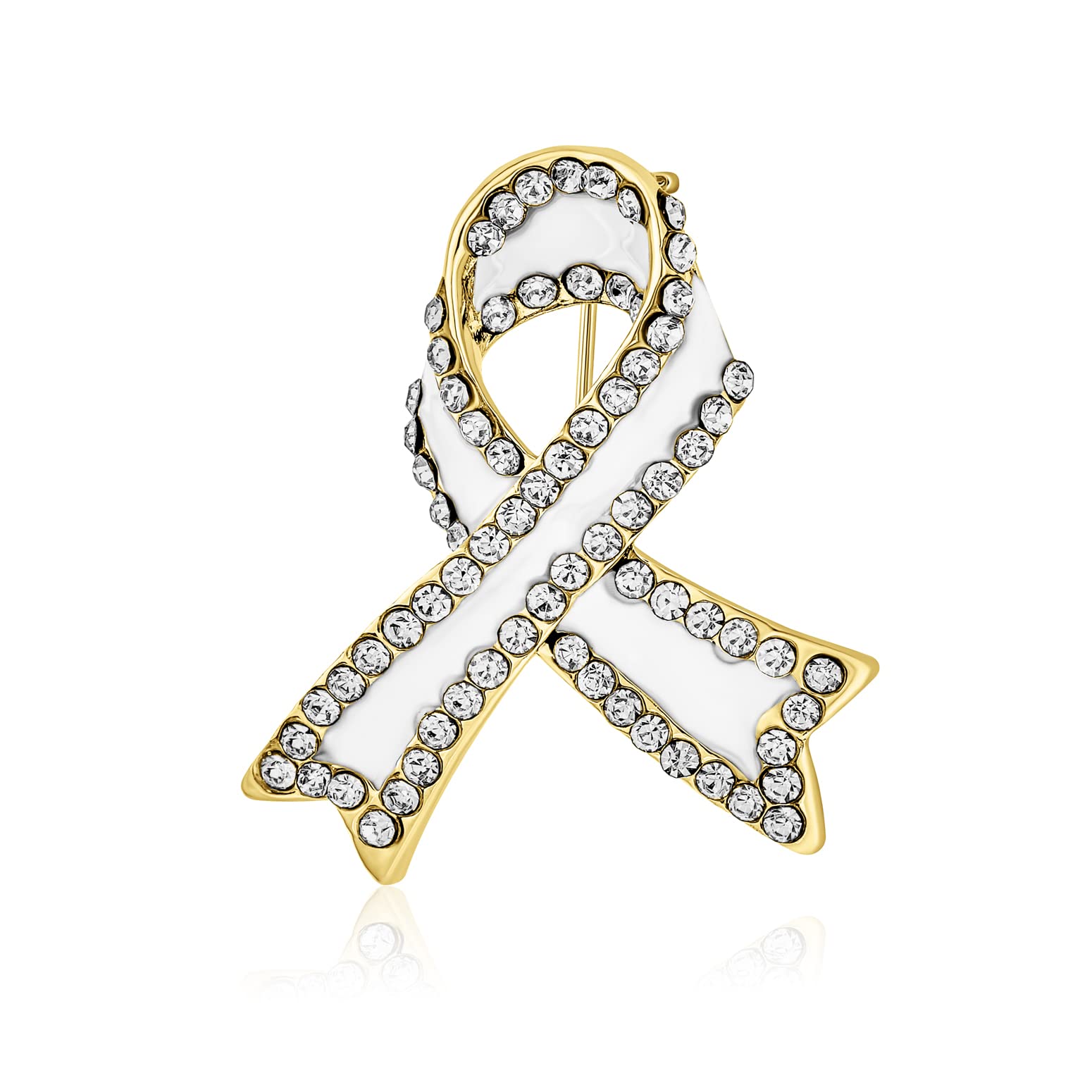 Empowering White Lung Cancer Awareness Ribbon Survivor Crystal Brooch Pin - Enamel Finish with Gold Plated Accents - Thoughtful Jewelry for Women