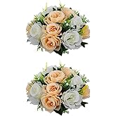 Artificial Flowers Kissing Ball, 2 Pcs Faux Flower Balls Fake Flower 15 Heads Plastic Roses with Base Wedding Bouquets Party Table Decor Home Decor Bouquet for Wedding Centerpieces (Champagne White)