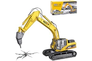 Qcar Drill Excavator Construction Vehicle Toys Heavy Duty Alloy Hydraulic Hammer Truck, 1:50 Scale Diecast Site Drill Digger Toy Truck for Kids 8,9,10,11,12 Year Old and up