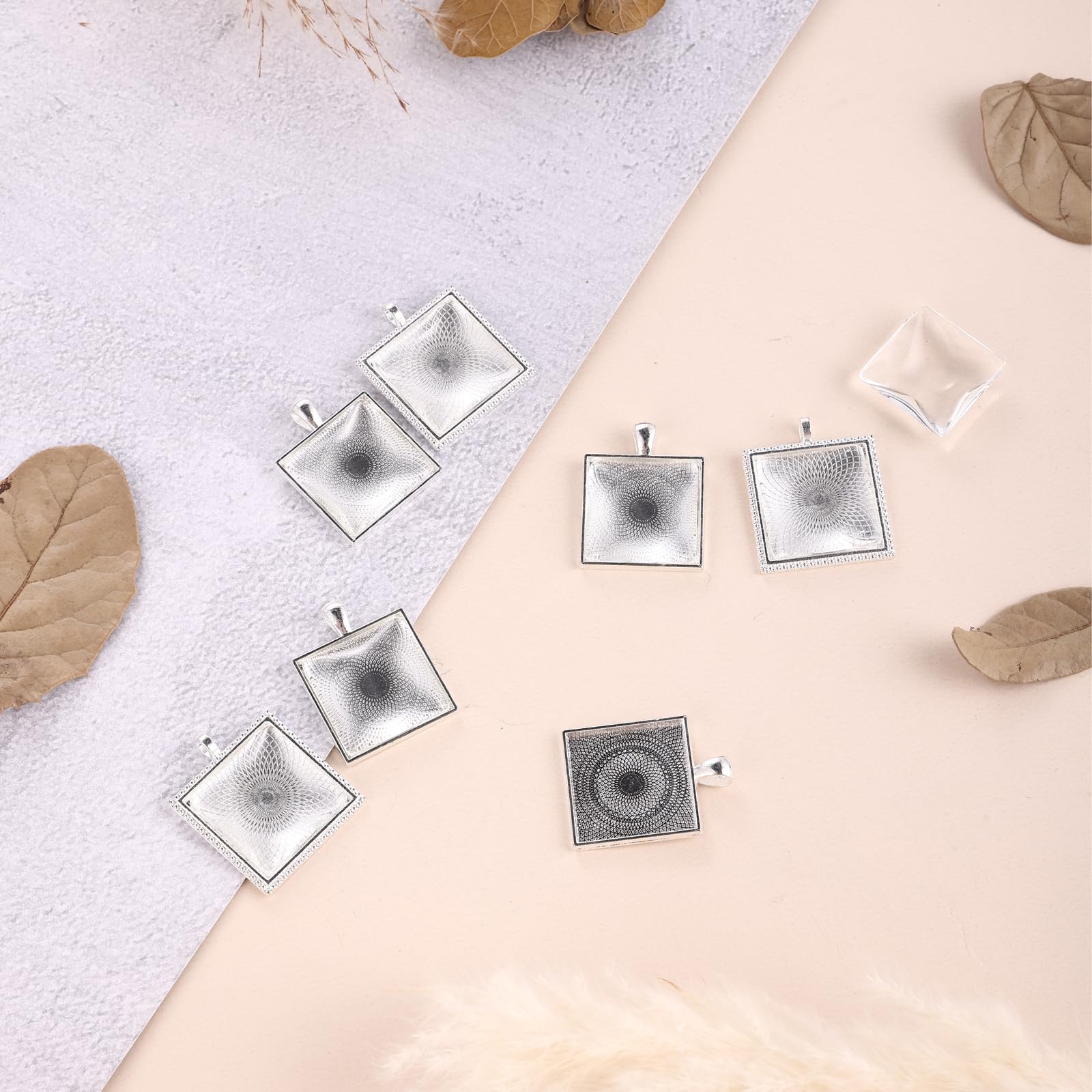 40 Pcs Square Bezel Pendant Trays with Glass Dome Cabochon 25 mm Blanks Bezel Cabochons Set for Jewelry Making,Photo Pendant,Resin Craft, Simple Edge