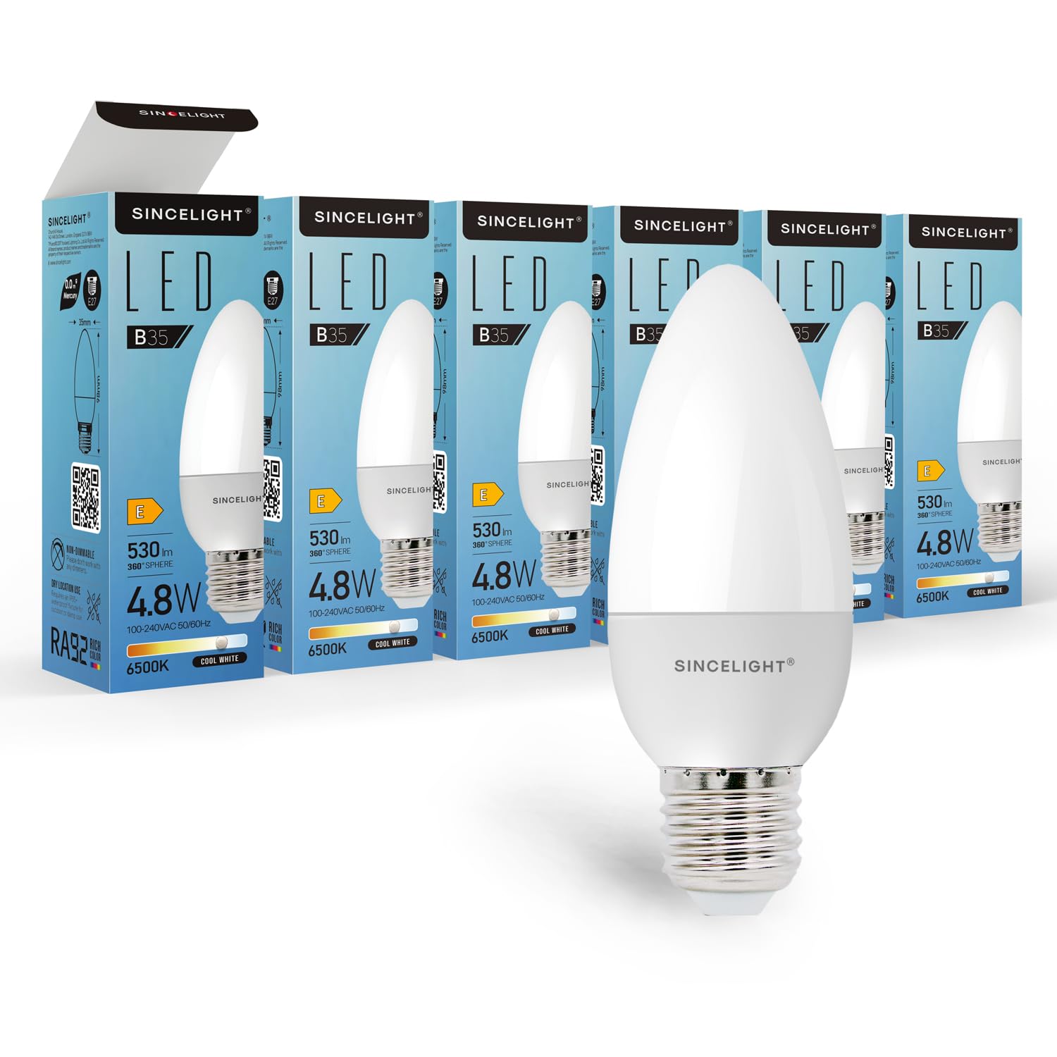 E27 LED Candle Light Bulb, B35 Shape with Milky Diffuser, 5 Watt, Cold White 6500K & RA≈92 High Color Rending, 500 Lumens≈50W Equivalent, Non-Dimmable, ES Edison Screw, Pack of 6
