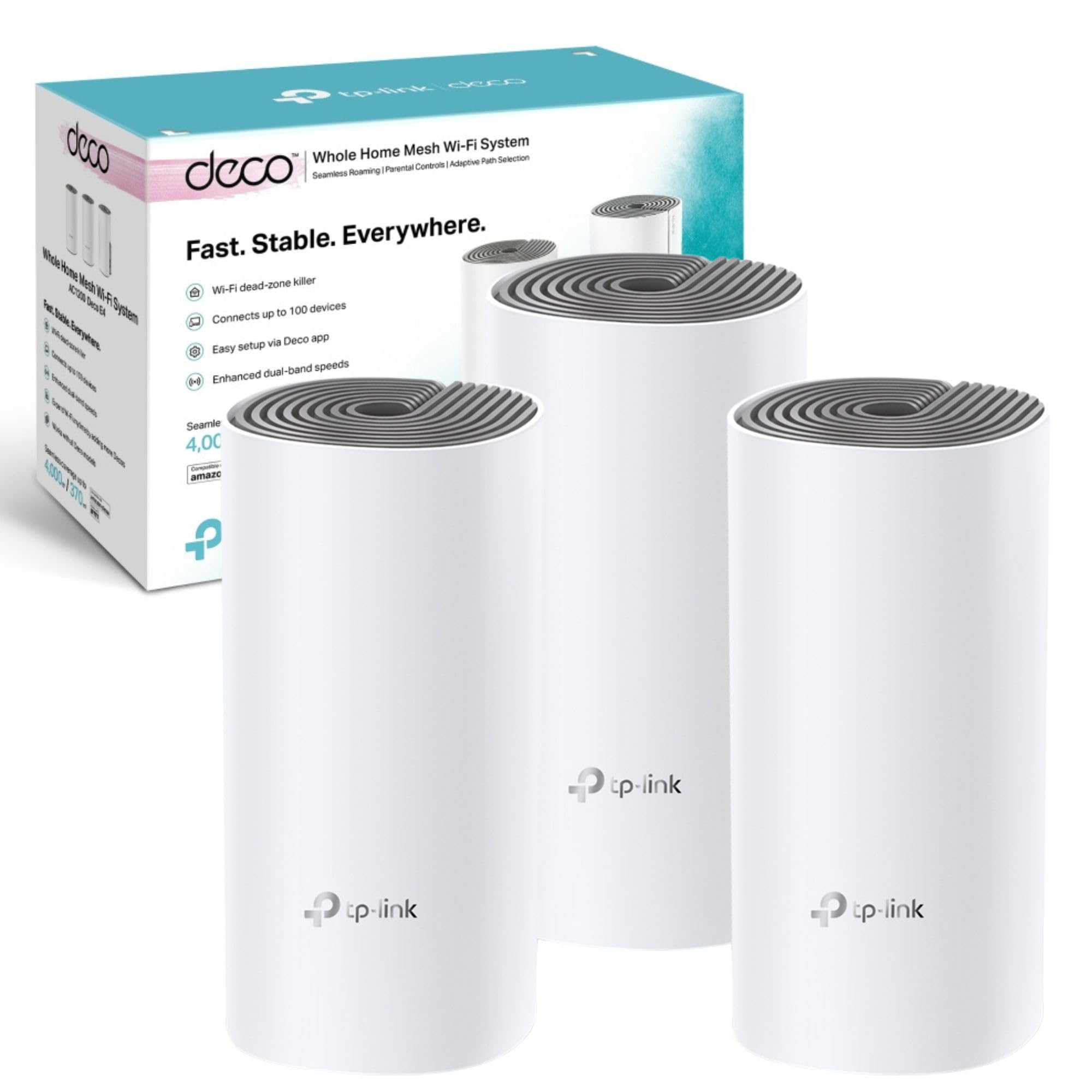 TP-Link Deco E4(3-pack) Whole Home Mesh WiFi System, Seamless Roaming Speed AC1200Mbps for Large Home, Up to 4,000 sq ft Coverage, Work with Amazon Echo/Alexa, Router and WiFi Booster Replacement