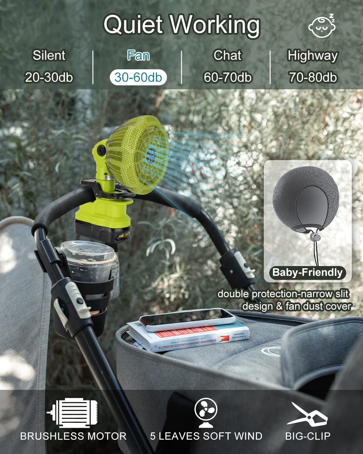 Taingwei Portable Clip on Fan for Ryobi 18v Battery,Battery Powered Stroller Fan with 3 Energy Efficient Speed Settings for Bedroom,Outdoor,Camping and Job Site(Battery not Included)