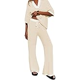 FIRVESPY Womens 2 Piece Outfits Set Oversized 3/4 Sleeve V Neck Knit Tops Drawstring High Waisted Pants Lounge Sets