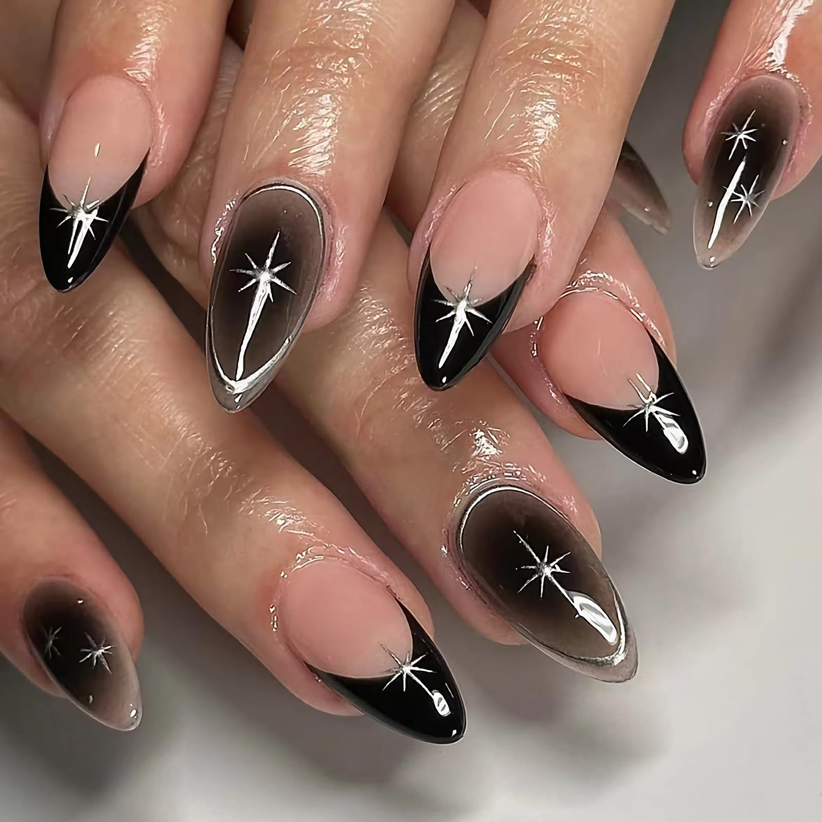 Photo 1 of MISUD Press on Nails - Medium Almond Fake Nails with Goth Black, Acrylic Silver Chrome Star Design 24 pcs