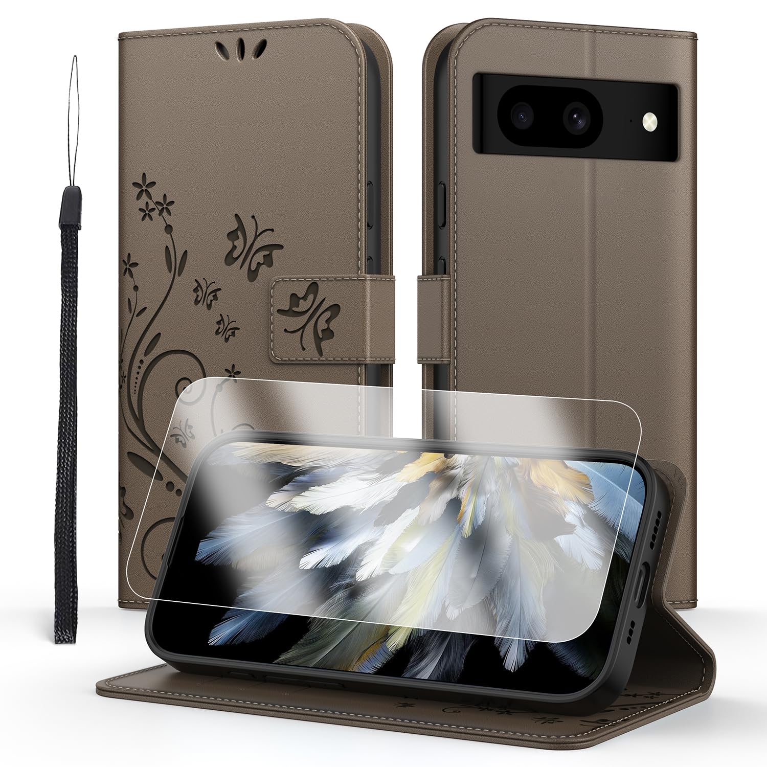 Anshow for Google Pixel 8 Wallet Case with Screen Protector, with Wrist Strap, Flip Leather Case with Cards Holder Phone Case with Kickstand Cover for Google Pixel 8, Gray — image 1