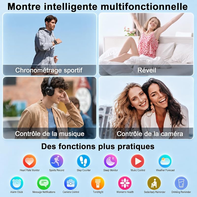 Montre Connectée Homme Militaire, Smartwatch GPS Intégré, Noir
