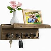 KISENG Key Holder Wall Mount &amp; Mail Organizer with 4 Hooks for Entryway | 9.84inch Wooden Key Rack， Farmhouse Wall Shelf &amp; Rustic Decorative Hanger for Hats,Dog Leashes,Bags,Coats,with Mount Hardware