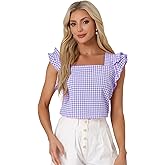 Allegra K Gingham Tops for Women Summer Ruffle Cap Sleeve Square Neck Plaid Blouses Shirt Summer Outfits