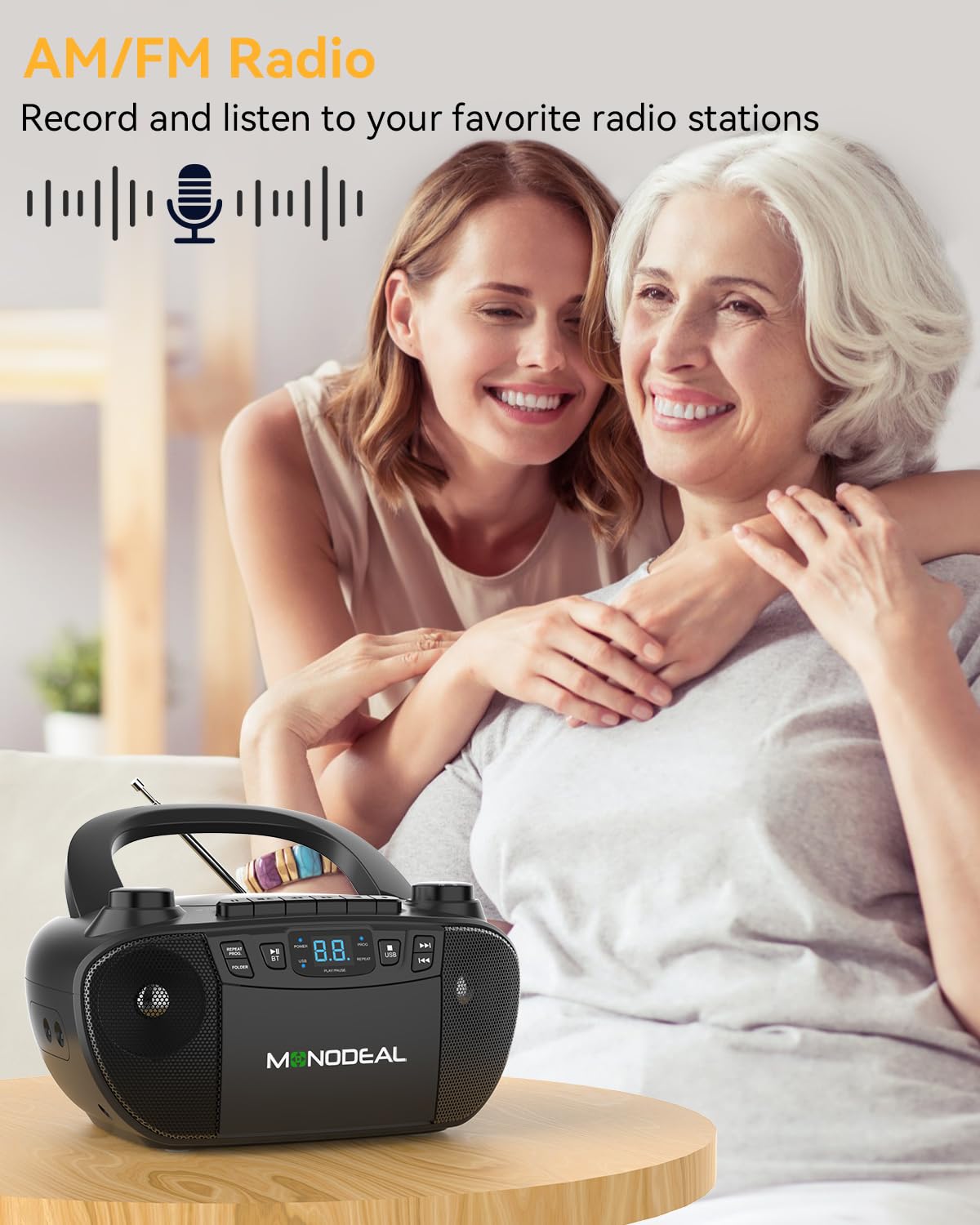 MONODEAL Cassette Tape Player with Bluetooth, Boom Box CD Player AM FM Radio, Multi-Functional CD and Cassette Player Combo,Tape Recording,USB/AUX,AC/DC Power,Headphone Jack for Gift