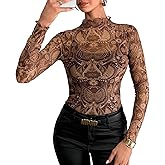 Women's Leopard Print Mesh Tops Long Sleeve Mock Neck Slim T-Shirt Tops Lettuce Trim Y2K Going Out Tops