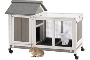 Gowoodhut 38.19"L Rabbit Hutch Indoor and Outdoor with 4 Wheels,Wooden Rabbit Cage with Pull Out Leak-Proof Tray for 1-2 Rabbits,Bunny Hutch with Asphalt Roof Suitable for Garden,Park,Living Room,Grey
