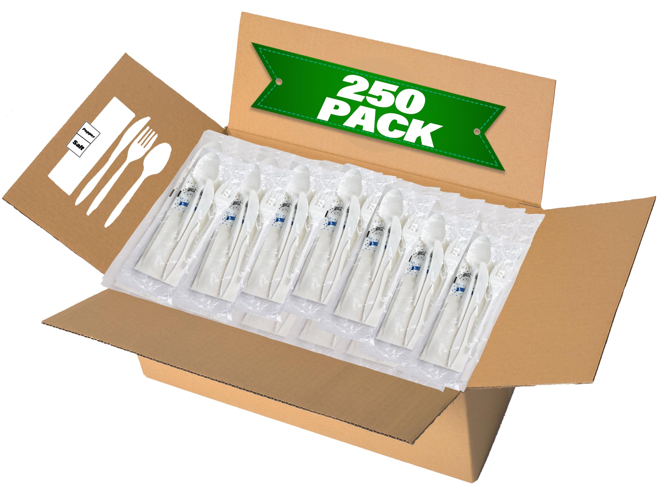 Photo 1 of 250 Pack Individually Wrapped Cutlery Set, Dispobasble Utensils Sets, White - Includes Disposable Cutlery Forks/Spoon/Knife/Napkin/Salt & Pepper - 250 Sets