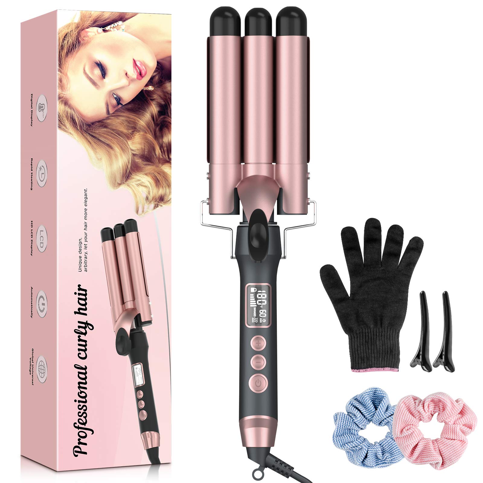 3 Barrel Curling Iron Wand 25mm Hair Waver Crimper Hair Iron with LCD Display, Ceramic Tourmaline Triple Barrels Temperature Adjustable, Dual Voltage (Pale Rose Gold)