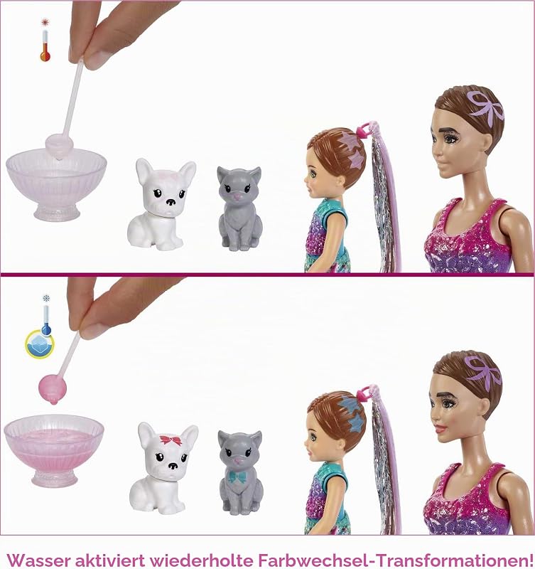 GXJ88 - Color Reveal Überraschungsparty, +50 Überraschungen: 1 Puppe, 1 Chelsea Puppe, 2 Tiere, 6 Farbwechsel, Zubehör & mehr, Tanzparty Set, Spielzeug Geschenk für Kinder ab 3 Jahren