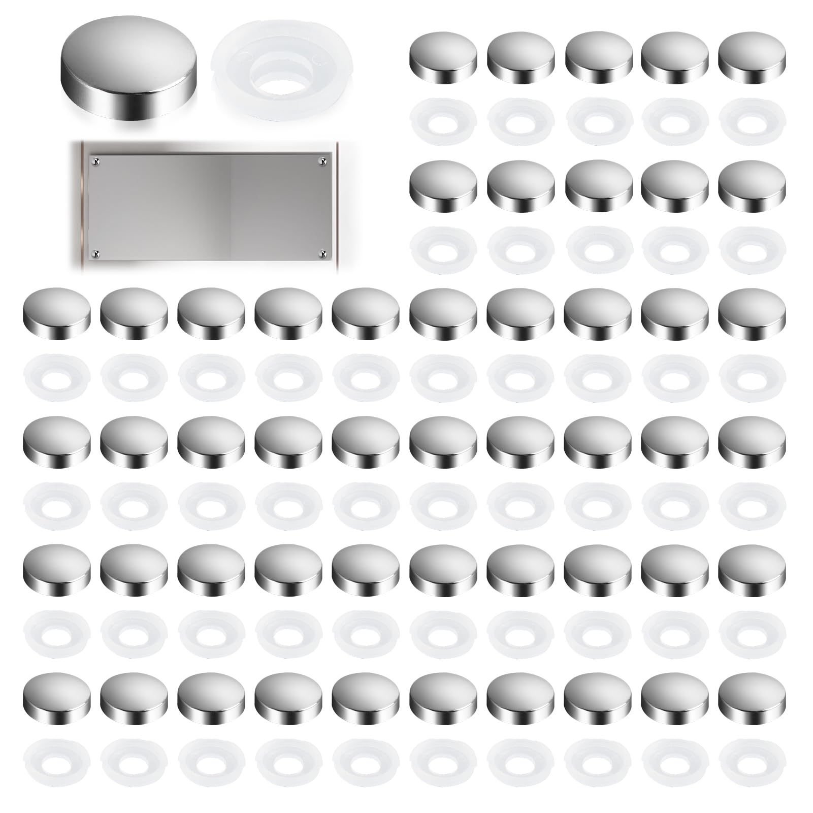 Kasoud Silver Screws Cover Caps, Round Plastic Mirror Screws Chrome Coated Screw Caps Decorative Mirror Screws Bolt Dome Caps Toilet Screws Decorative Cap Covers (50)
