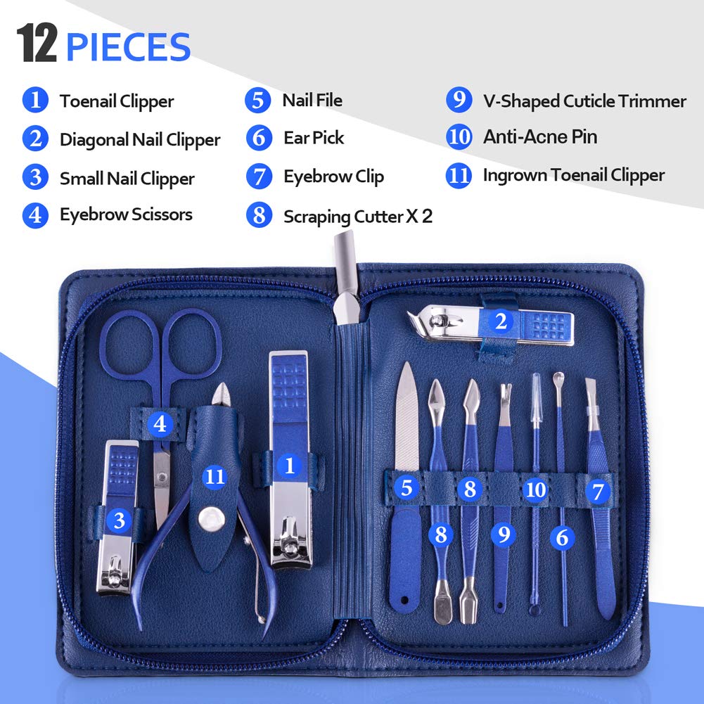 Manicure Set, Pedicure Kit, Nail Clippers, Professional Grooming Kit, Nail Tools 12 In 1 with Luxurious Travel Case For Men and Women 2020 Upgraded Version Blue : Beauty