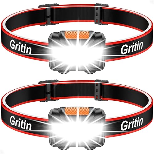 Gritin LED Head Torch, [2 Pack] COB Headlamp Super Bright Headlight, Adjustable with 3 Modes, Lightweight for Running, Camping, Fishing