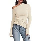 Meetrendi Women's Sexy Off Shoulder Tops Dressy Long Sleeve Asymmetrical Slim Fit Going Out Fall Blouse Ruched Shirts