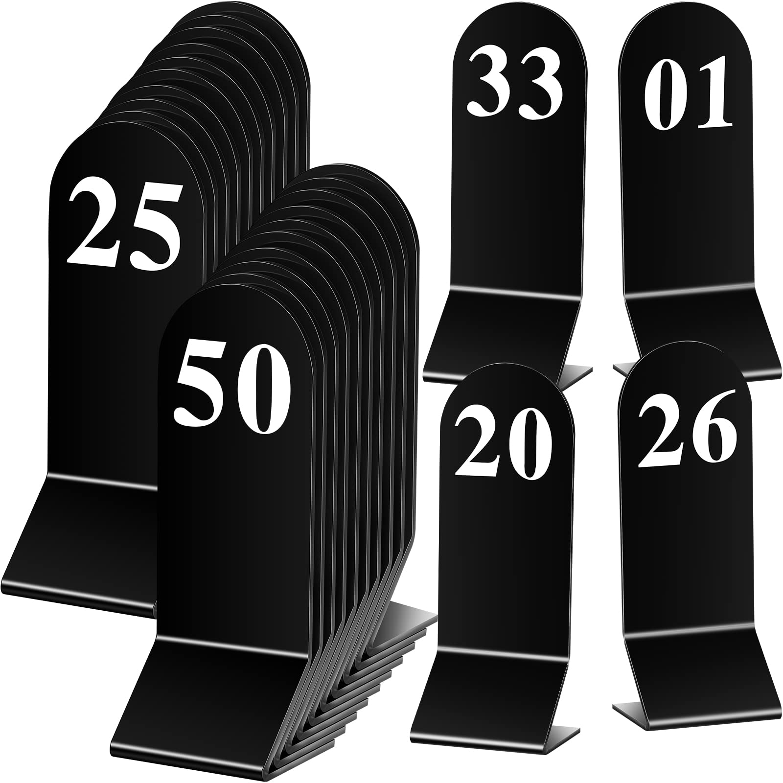 Photo 1 of Remerry 50 Pcs Table Numbers 1-50 Acrylic Double Sided Number Cards for Restaurant Acrylic Tent Table Holders Tent Cards Wedding 2.36 x 6.3 Inch(Black)