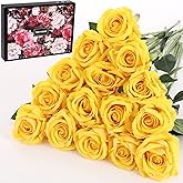 Cloudecor 15Pcs Yellow Roses Artificial Flowers Fake Roses Long Stem Velet Rose Silk Flowers for Home Wedding Decoration (Round Rose,Yellow)