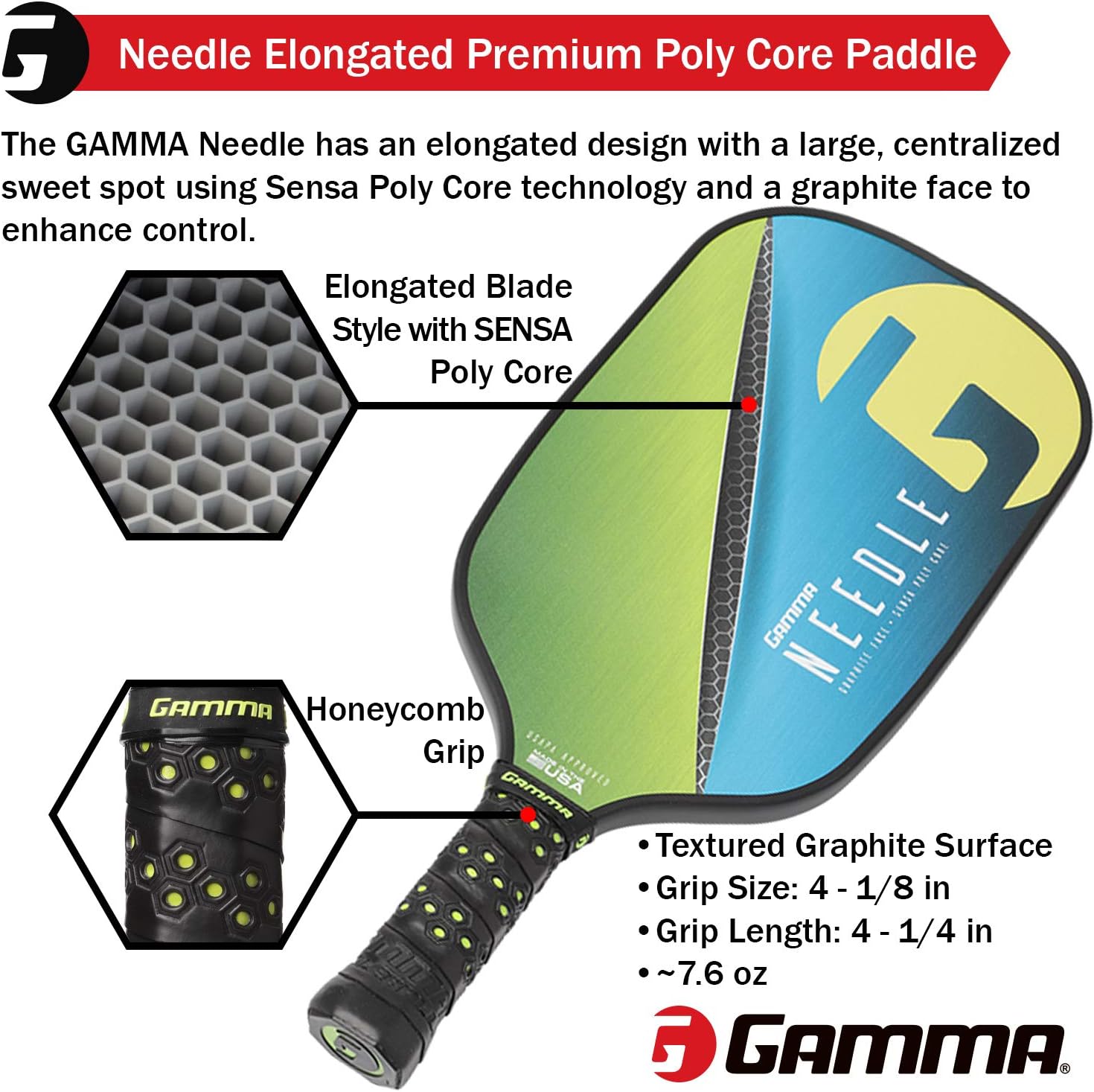 Gamma Needle Elongated Pickleball Paddle: Pickle Ball Paddles for Indoor & Outdoor Play - USAPA Approved Racquet for Adults & Kids - Pink/Blue : Sports & Outdoors