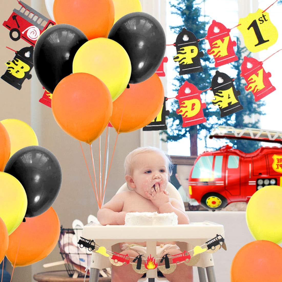 Amazon 誕生日セット飾り 風船 飾りつけ セット 消防車 男の子 誕生日 100日 半歳 一歳 Happy Birthdayバナー ガーランド ケーキ挿入カード アルミ風船 ラテックス風船 風船 バルーン おもちゃ
