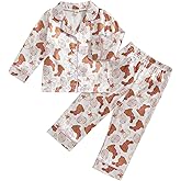 Kavousa Kids Toddler Girl Easter Pajamas Bunny&Floral Button Up Ruffle Shirts Pants Little Girls Easter Satin Silk Pajama Set