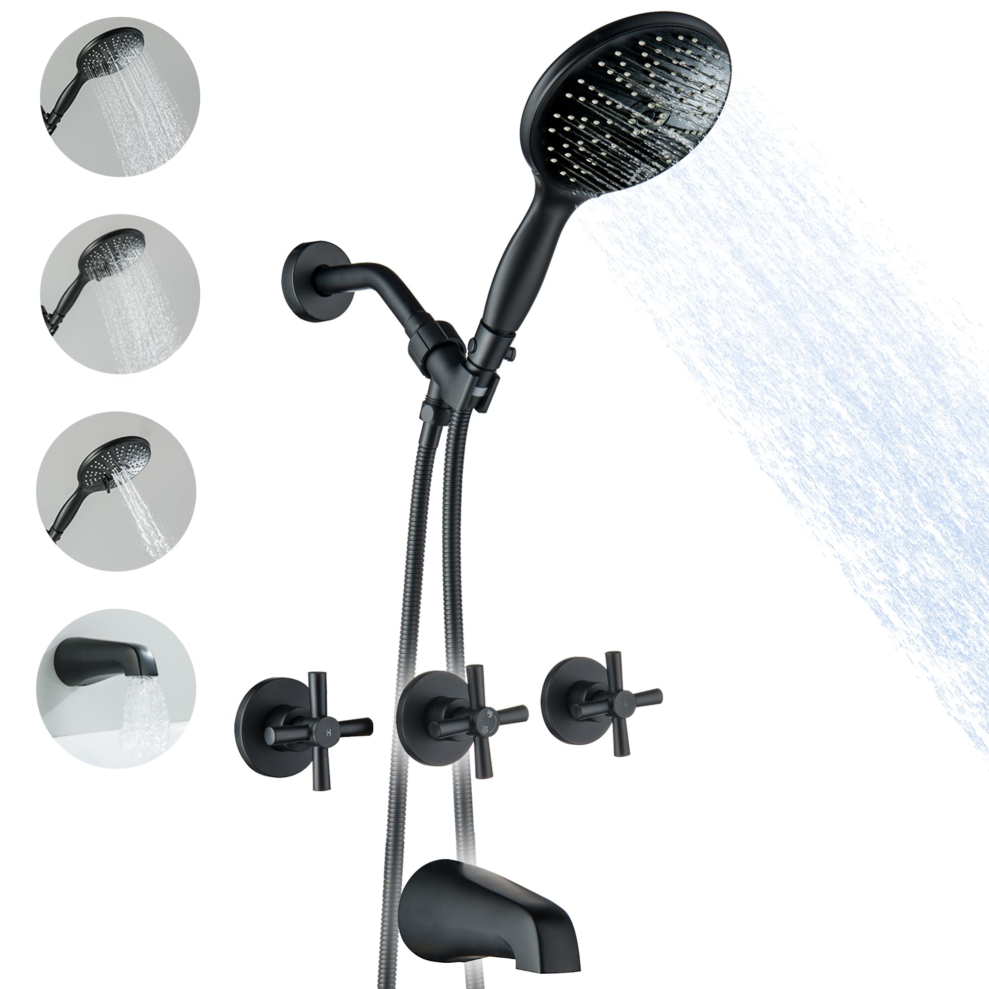 Photo 1 of LIWEIKE 3 Handle Tub Shower Faucet, Three Handle Tub and Shower Faucet Set with 6 Inch Extra Large Handheld Shower High Flow Bath Tub Faucet Set 3 Knobs, Matte Black