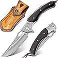 LOTHAR Kraken Damascus Pocket Knife for Men, 8" Handmade Forged VG10 Damascus Folding Knife with Sandalwood, Retro Leather Sheath, Classical Bolster, Lanyard Hole, Men Gifts for Birthday, Christmas, Father's Day,Valentines Day (Black)