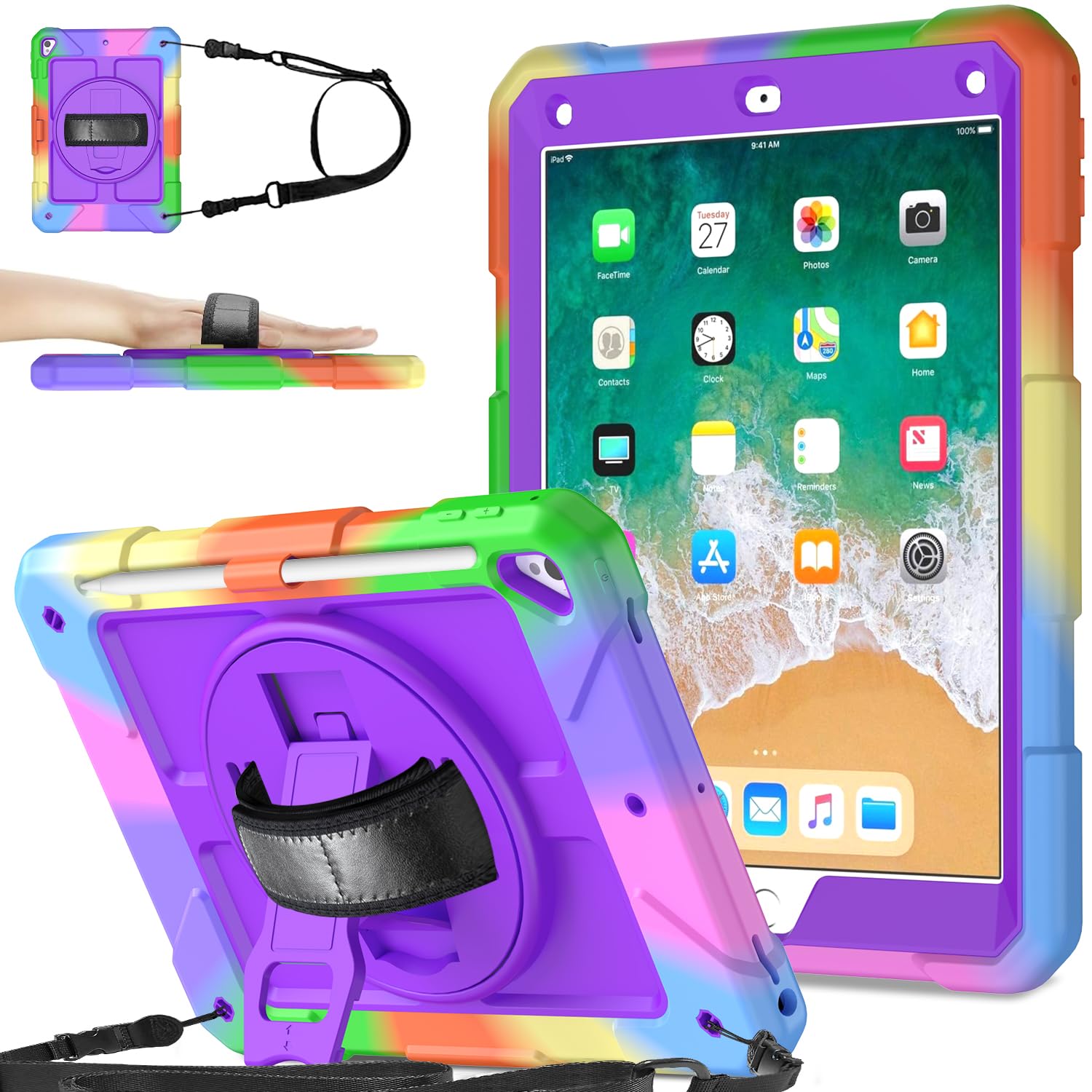 SINSO Case for iPad 9.7 inch 6th/5th Generation 2018/2017, Air 2/Pro2016, Heavy Duty Shockproof iPad Cover with 360° Rotating Hand Strap & Stand/Pencil Holder/Carrying Strap, Purple