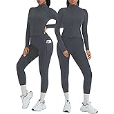 OMKAGI Workout Sets for Women Booty Leggings Matching Zipup Jacket Gym Outfits with Pockets